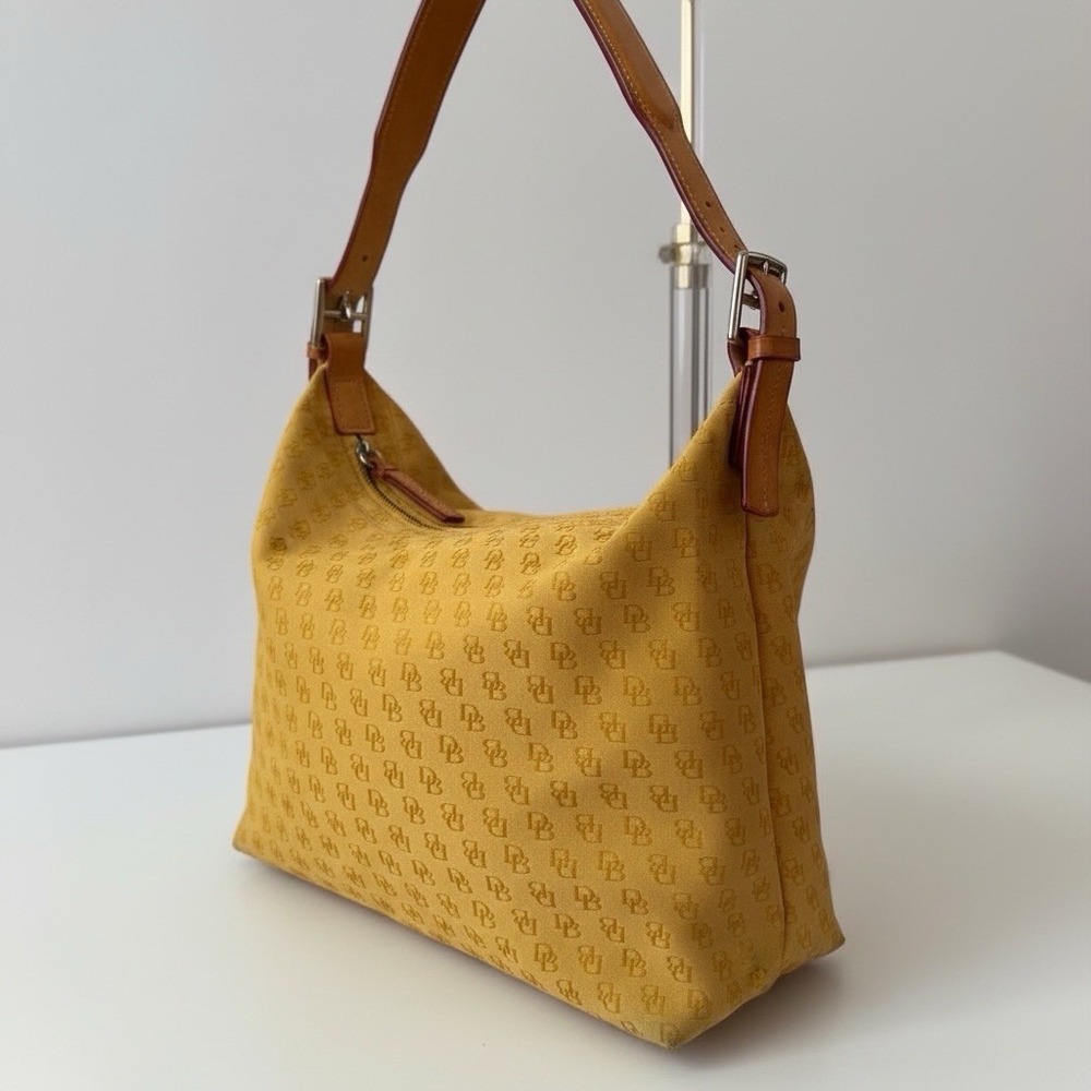 Dooney & Bourke Y2K Yellow Signature DB Monogram Canvas Hobo Shoulder Bag - Picture 2 of 11